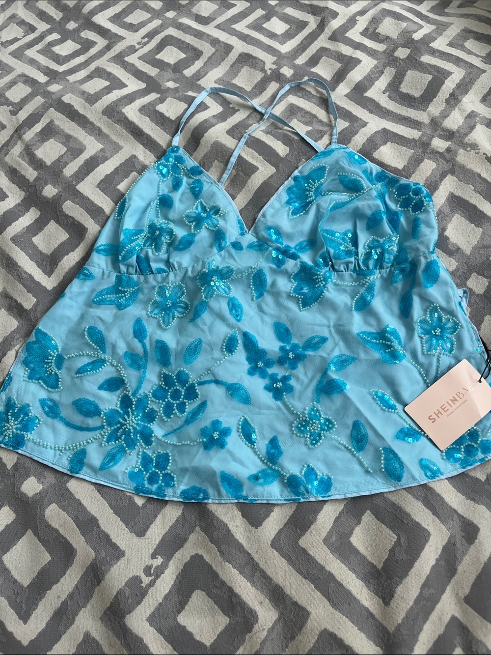 ❤️ 6 for 20 ❤️ NWT SHEIN Blue Sequined Floral Cami Top 1X